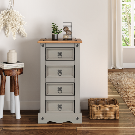 Corona Grey Wax 4 Drawer Narrow Bedside